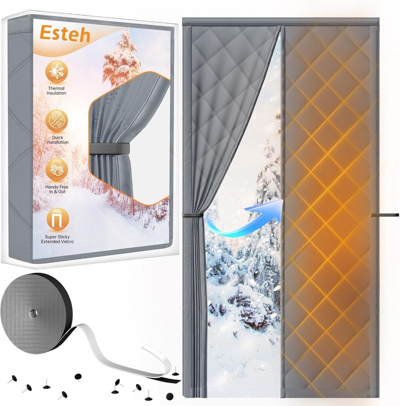 Esteh Magnetic Thermal Insulated Door Curtain for Winter Fits Door Size 36" x 96", Temporary Thermal Door Cover for Cold with Thickened Cotton, Window Insulation Kit for Sliding Glass Doorways - Gray - Image 1